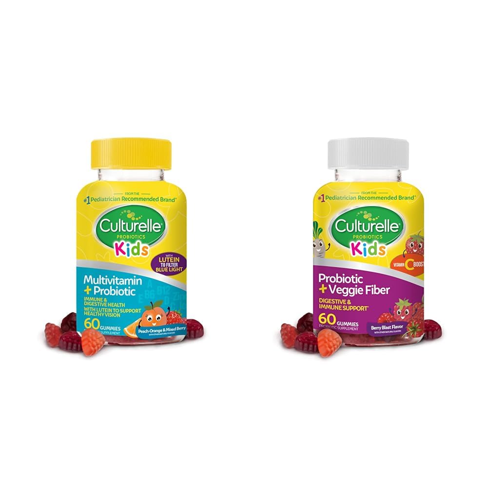 Kulturelle Dzieci Probiotic Gummies dla wieków 2 + - Pomarańczowy i mieszany aromat Berry & Codzienne Probiotyczne dla dzieci + Weggie Fiber Gummies (Wieki 3 +) - 60 Hrabia - Żywność