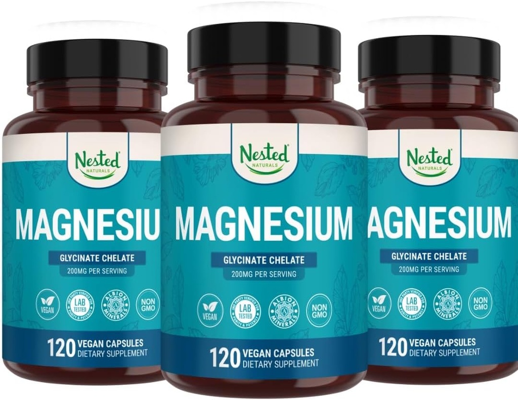 Nested Naturals Magnezu Glycinate Chelate 124; Magnezu Suplement do Skurczów Mięśnie, Relaksacja, & Wsparcie snu 124; 100% Chelated Albion TRACCS Buforowany Magnezu Glycinate 200mg