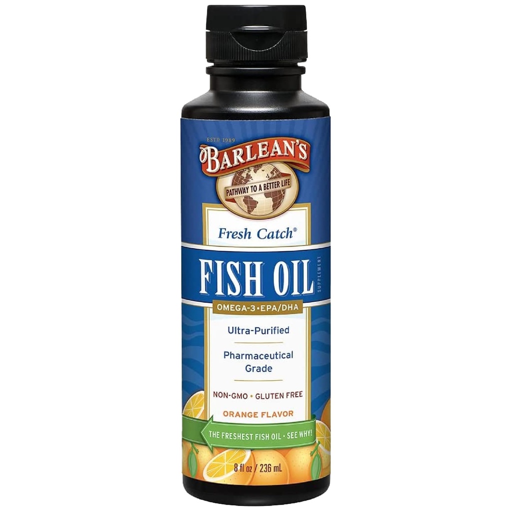 Barlean 's Omega 3 Fish Oil Liquid Supplement, 1262mg EPA and DHA Fatty Acids, Non-GMO and gluten Free, Orange Flavor, 8 oz