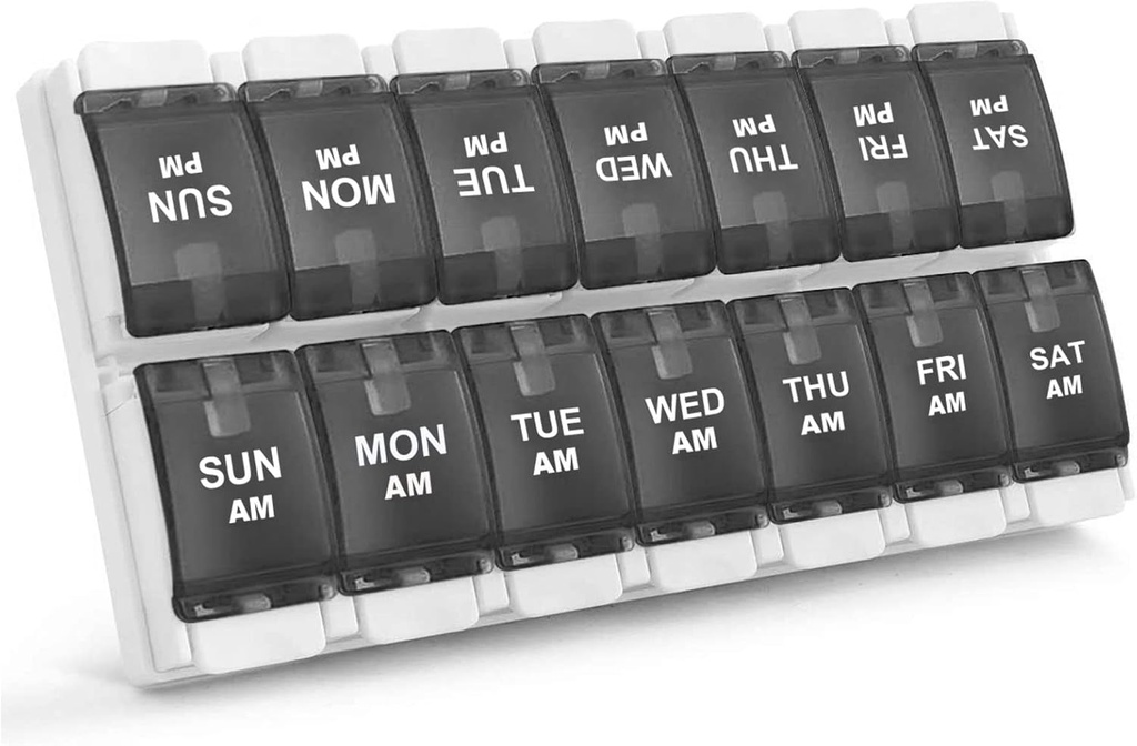 Sukuos AM PM Weekly 7 Day Pill Organizator, 2 razy dziennie Pill Box z Artretitis Przyjazny przyciskiem Push, Lekarskie skrzynie na witaminy / olej rybny / Suplementy, Łatwe do czyszczenia (czarny)