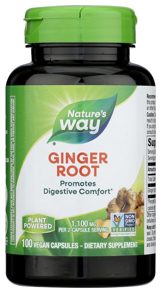 Nature 's Way Ginger Root, Promotes Digestive Comfort *, 1,100 mg Per 2- Capsule Serving, Non-GMO Project Verified, Vegan, 100 kapsułki