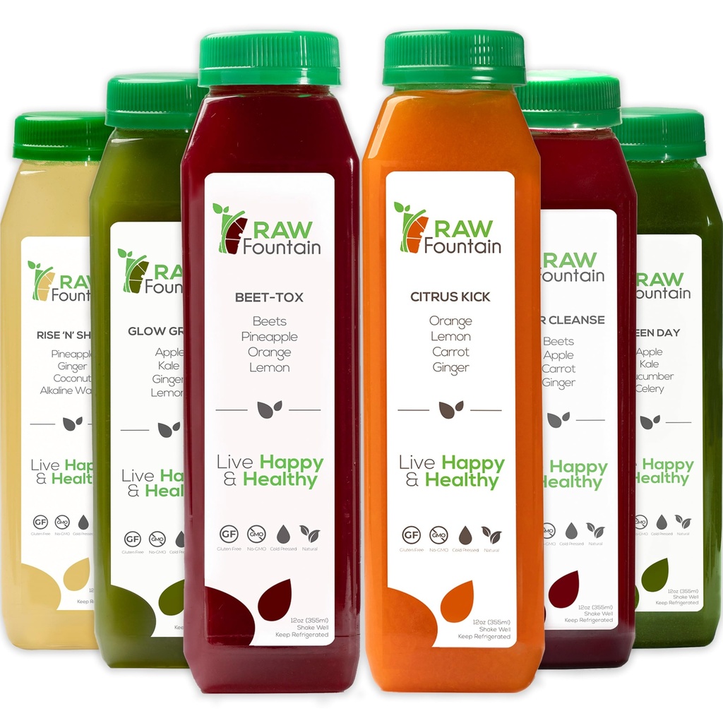 1 dzień Sok Czyszczenie przez surowej fontanny, Wszystkie naturalne Surowy Detox Cleanse, Soki do resetu ciała, Sok zimny Pressed szybko, Świetny sposób, aby Junmpstart Zdrowej diety 6 butelek 12oz