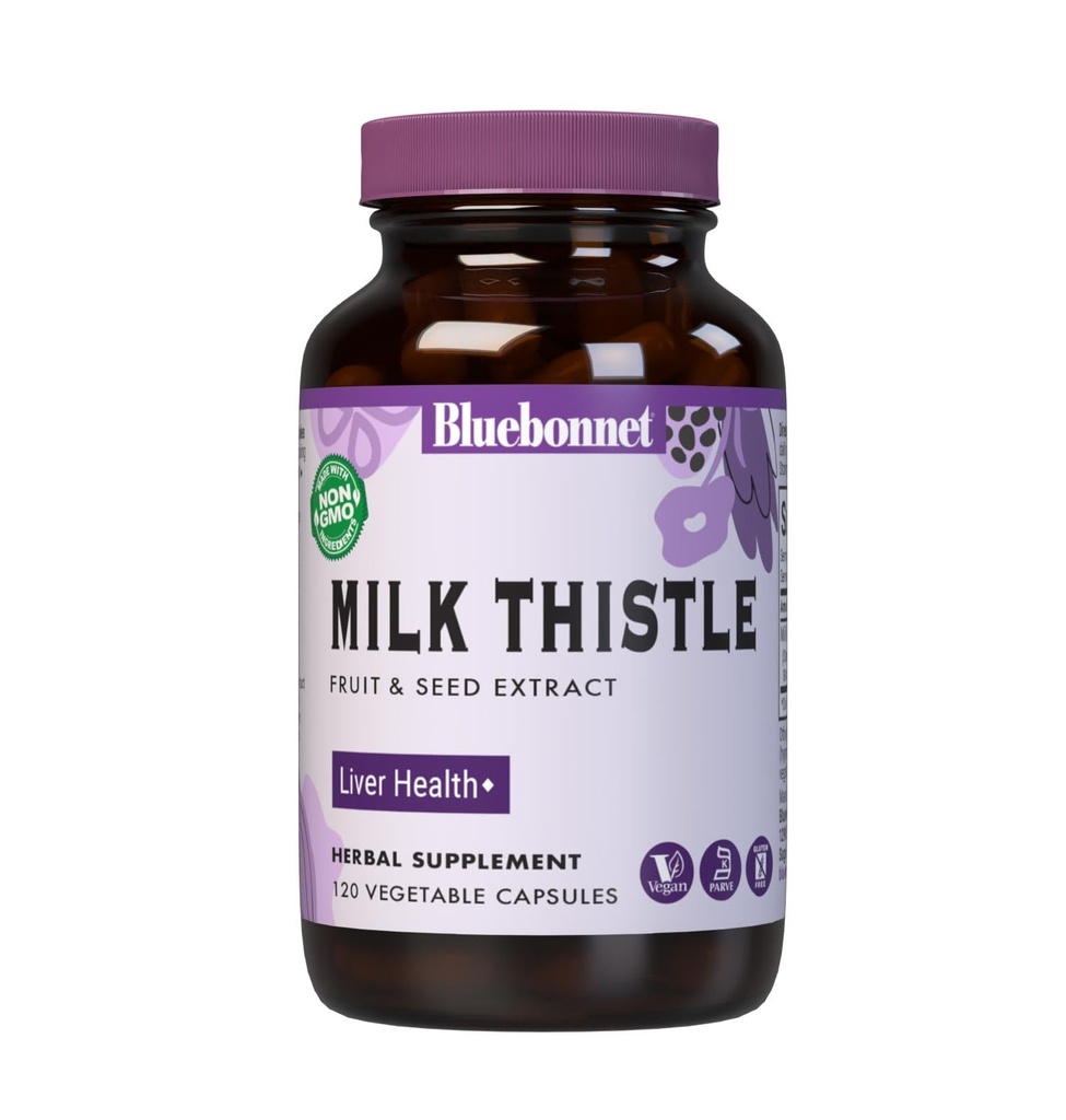 BlueBonnet Nutrition Milk Thistle Fruit & Seed Extract, Liver Health *, Non-GMO, Wegan, Kosher Certified, Gluten- Free, Soy- Free, 120 Kapsułki roślinne, 120 Słupki