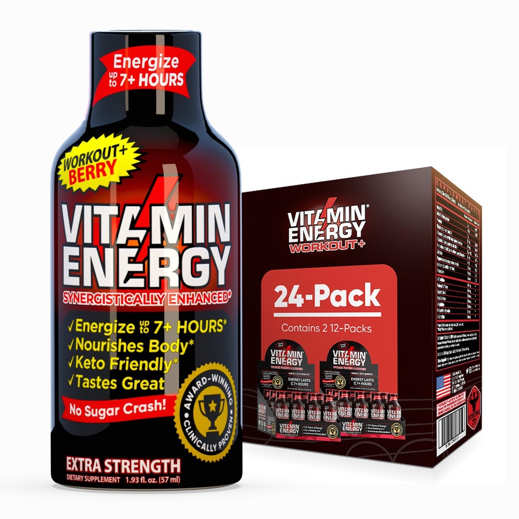 Witamina Energy Workout + Ekstra Siła Energy Shot Berry 24 Pack, 260mg Naturalna kofeina, Wstępny trening, B- Witaminy, Minerały, Endurance & Performance, Zero Sugar, Gluten- Free, Wegan, 1.93 fl oz