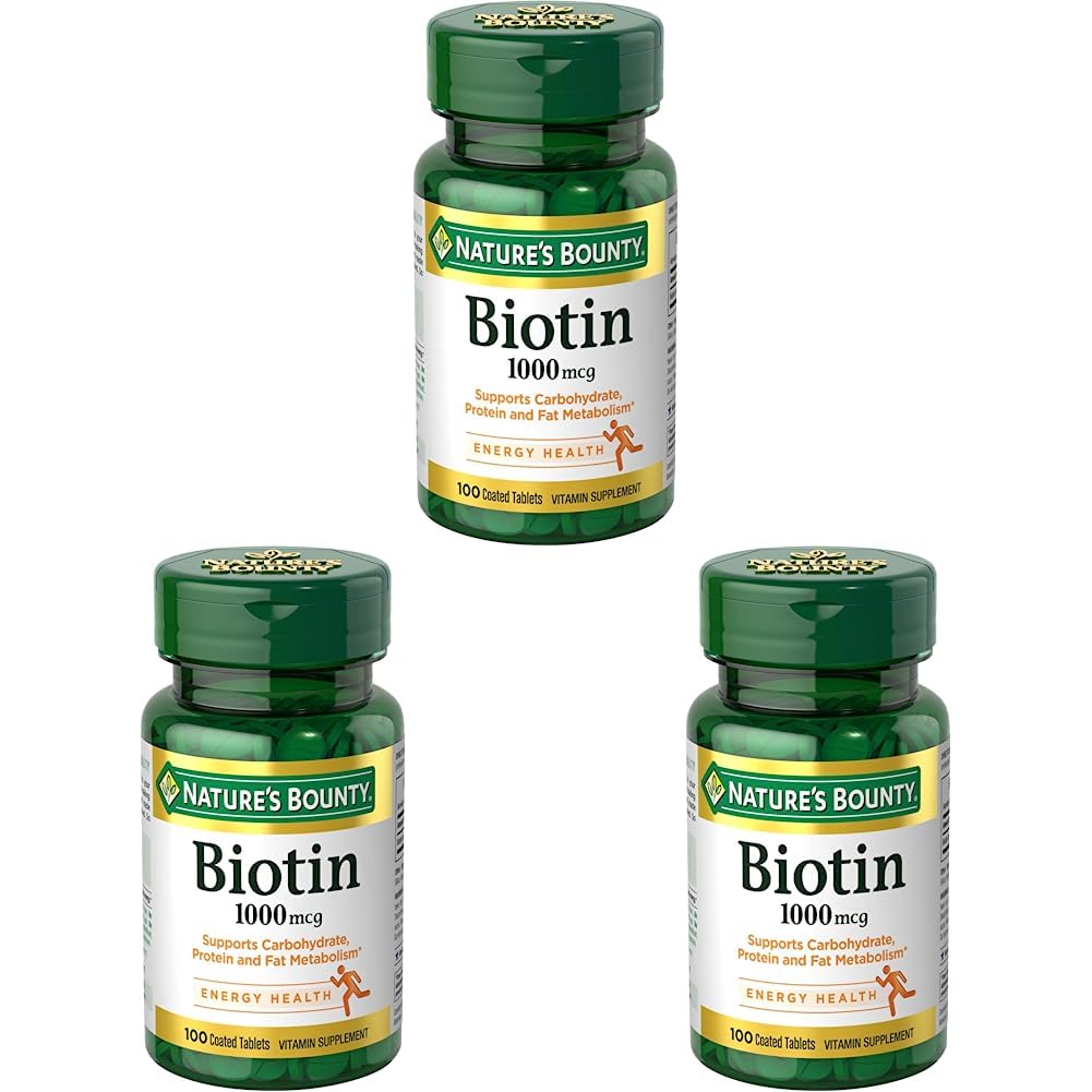 Nature 's Bounty Biotin, suplement witaminy, Wspiera metabolizm dla energii komórkowej i zdrowe włosy, skóry i paznokci, 1000 µg, 100 tabletek (Opakowanie po 3)