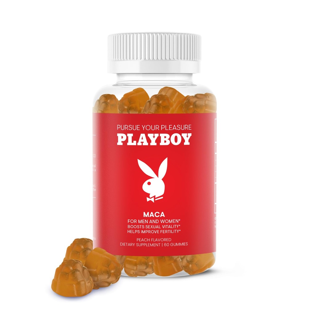 Playboy - Maca Gummie korzenne dla kobiet i mężczyzn (60 Hrabia - Peach Flavored) - Boost Witalność seksualna, Libido, płodność - Maca Gummies Suplement - 100% Naturalny, Wegan Non GMO - 4: 1 Wyciąg Maca Peruana
