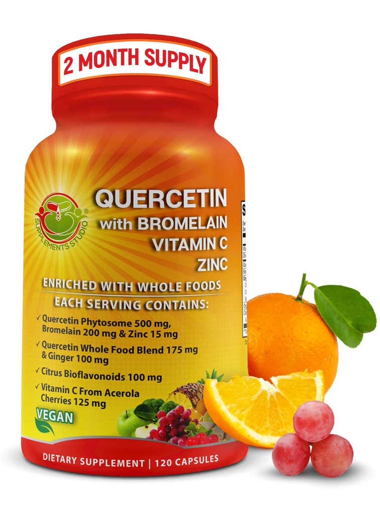 Quercetin z bromelainową witaminą C i cynkiem wzbogacone organiczną całą żywnością - 1215mg na jedną porcję - Quercetin Phytosome 500 mg kapsułki z Ginger i Flavonoids dla immunologicznego wsparcia - 120 Count