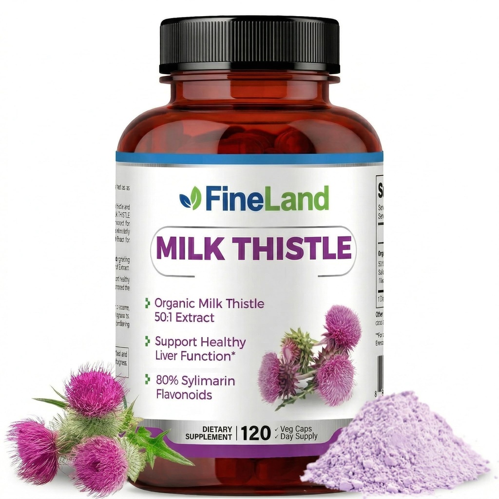 FineLand Milk Tistle Pills 50: 1 Extract - 120 Kapsułek Wegańskich - 20 000 mg Strenght z 80% Silimarin Flavonoids - Wątroba & Przeciwutleniacze Wsparcie 124; 50X Koncentrat Seed Extract - Non-GMO, Made in USA