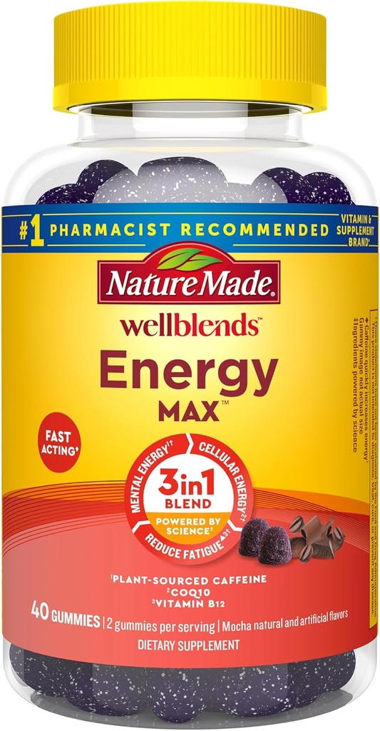 Nature Made Wellblends Gummies EnergyMAX, szybko działająca kofeina, CoQ10 & Witamina B12 1000mcg, Wsparcie energetyczne Gummy Witaminy, 40 Gummies