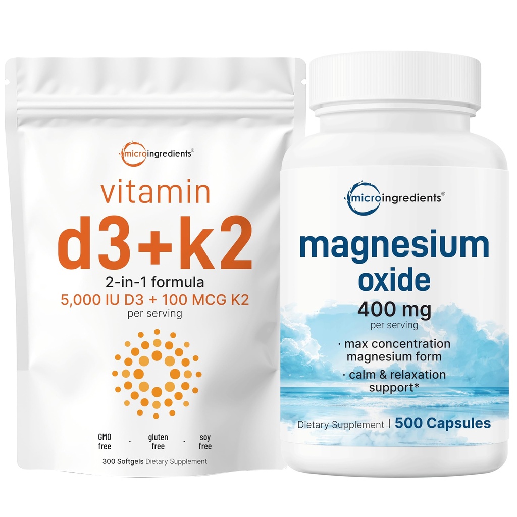 Micro Składniki Witamina D3 5,000iu + K2 100mcg Softgels & Magnezu tlenek 400mg Bundle Pack 124; Esential Sunshine Witaminy 124; Forma elementarna dla Max koncentracja