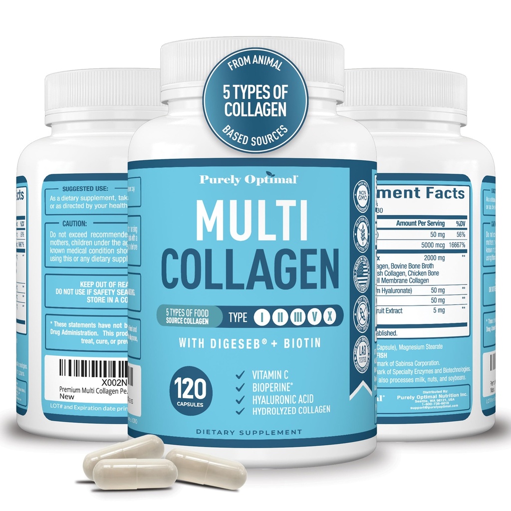 Premium Multi Collagen Peptides (Types I, II, II, V, X) - Collagen Pills for Skin Care, Hair Growth, Nails & Joints - Vitamin C, Hyaluronic Acid, Biotin, Gluten Free - 120 Collagen Capsules