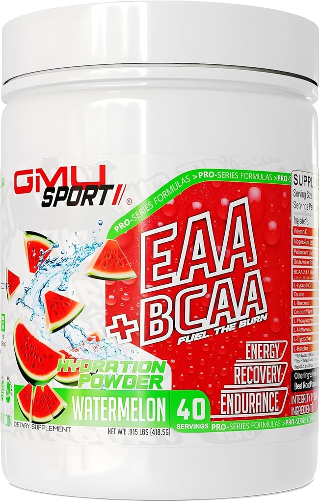 GMU SPORT EAA + BCAA Proszek - Podstawowe aminokwasy i napój elektrolitowy, Nawodnienie, Odzysk dla mężczyzn i kobiet 124; Napoje wsparcia mięśni dla biegaczy 124; Aminos bez cukru - 40 Służenie - Arbuz