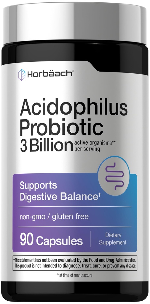 Horbäach Probiotic for Women & Men 's Digestive Health 124; 3 Billion CFU 124; 90 Kapsułki 124; Non- GMO & Gluten Free