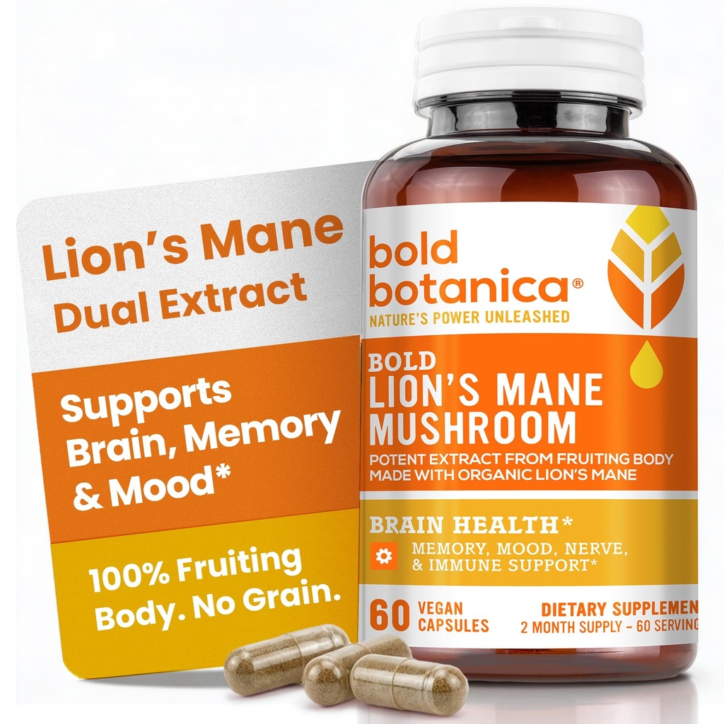 Bold Botanica Mushroom Mane Mane Kapsułki - 100% Fruiting Body - Concentrated Organic Lion 's Mane Extracts - Nootropic Brain Health - Pamięć, Nastrój, Wsparcie immunologiczne - 60 Kapsułki wegańskie