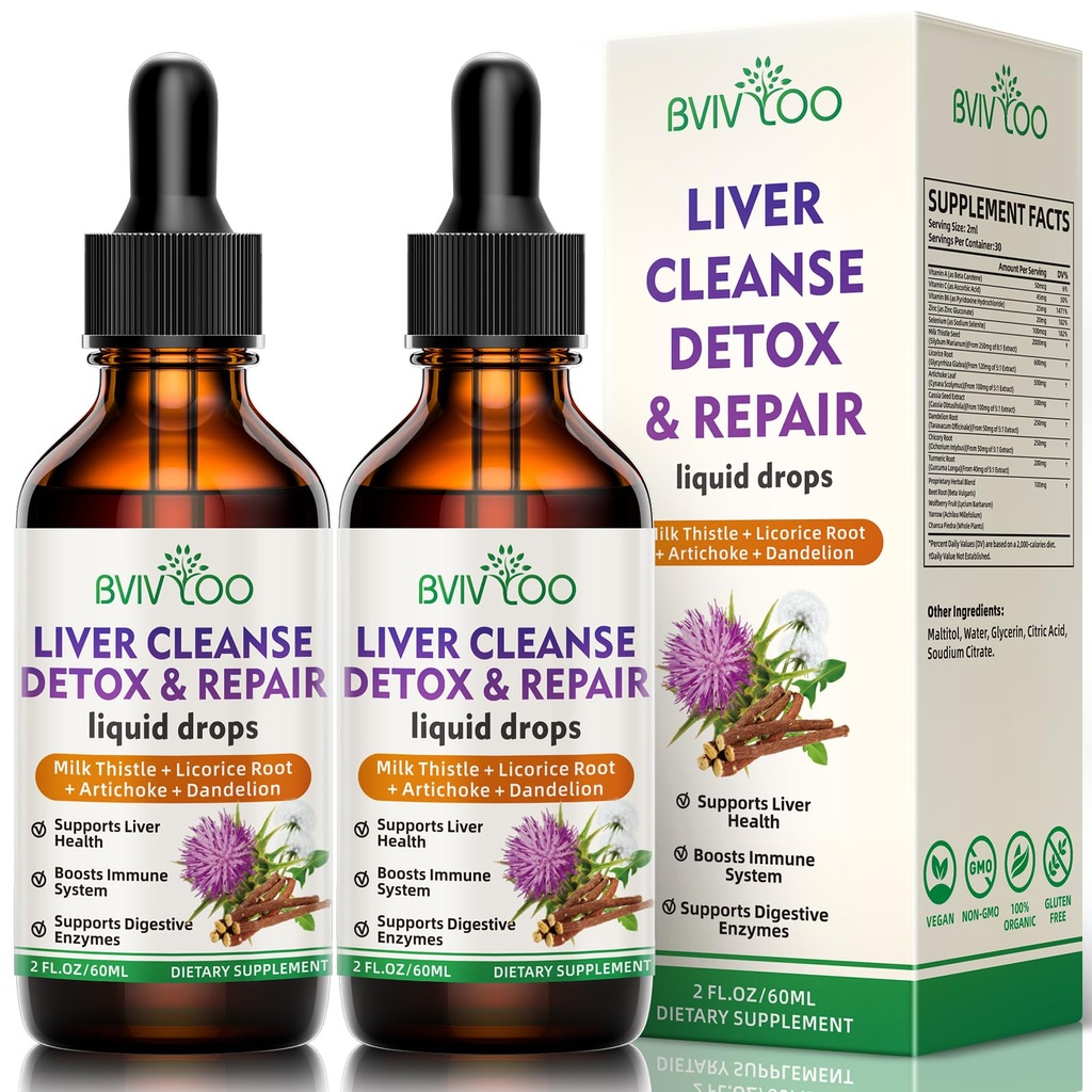 2 Pack Liver Health Liquid Drops - 2000mg Milk Thistle, Dandelion Root, Artichock, Silymarin Extract, & Herbs Turmeric - Vegan, Non-GMO - 4 Fl Oz (120ml)