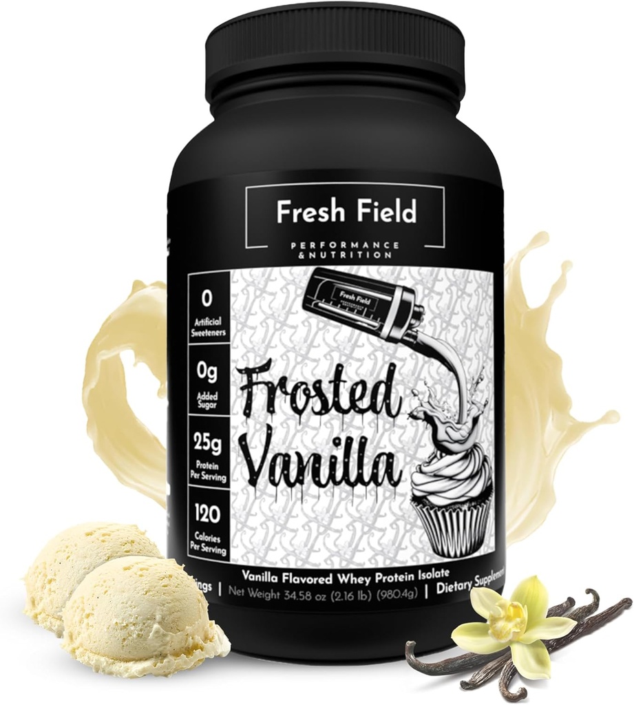 Świeże pole Vanilla Protein Powder - 25g izolatu białka serwatki, Gluten- Free & Soy- Free, Sugar- Free, 30 Służenia - Naturalne białka serwatki Proszek do treningu Fitness & Nutrition Shakes - 2.16 lb