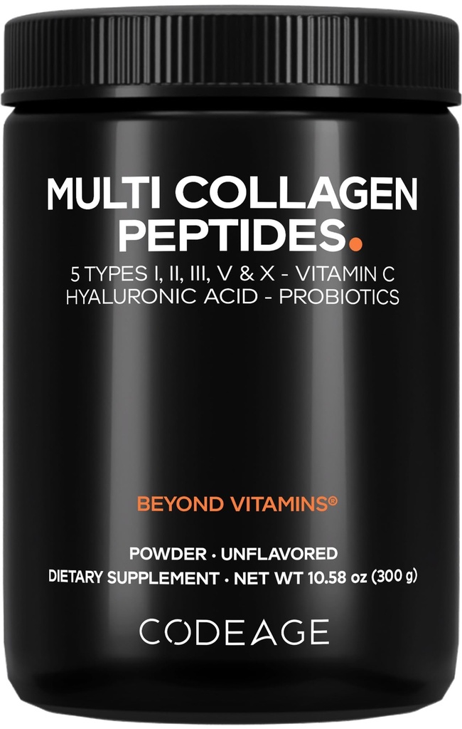Codeage Multi Collagen Peptydes Powder + Probiotyka Black Edition, Witamina C, Hyaluronic Acid Powder Supplement, Grass- Fed, Zhydrolizowane, Zero węglowodanów, Typ I, II, III, V & X, Unflavored, 10.58oz