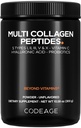 Codeage Multi Collagen Peptydes Powder + Probiotyka Black Edition, Witamina C, Hyaluronic Acid Powder Supplement, Grass- Fed, Zhydrolizowane, Zero węglowodanów, Typ I, II, III, V & X, Unflavored, 10.58oz