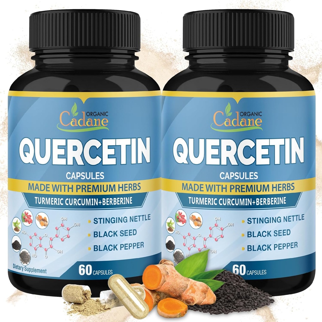 Organiczne Cadane 2 Pakiety Quercetin Suplementy kapsułki, 6in1 z Turmeric, Berberine, Stinging Nettle, Black Seed, Black Pepper - Wspiera system immunologiczny - 4 miesiące dostaw