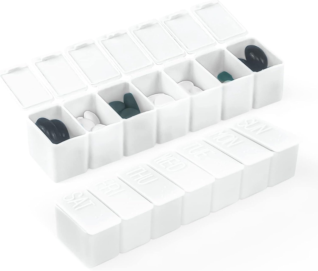 Cotygodniowe małe pióro Organizator, 7 dniowy pióro Case, Daily Witamina Case Medicine Box, Pill Container for Medicine Supplements Fish Oil (2szt, biały)