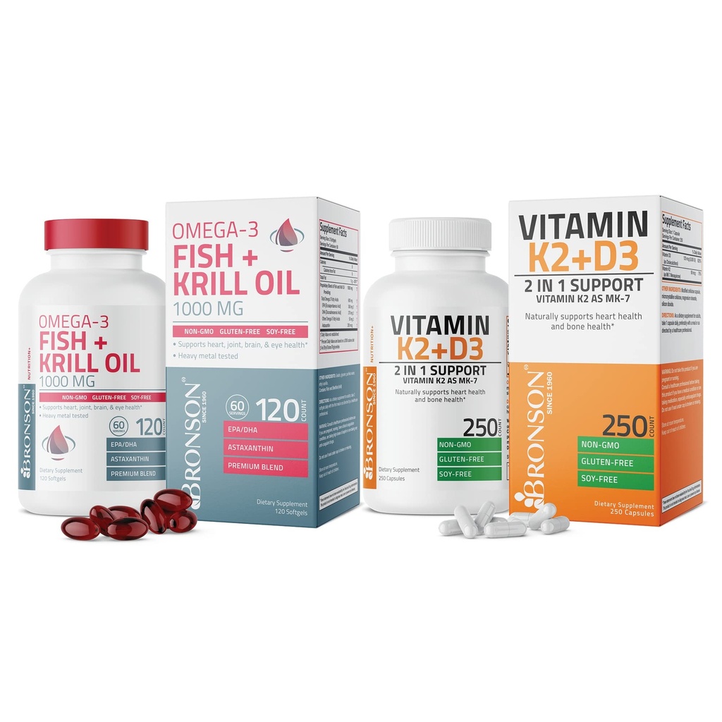 Witamina Bronson K2 (MK7) z suplementem D3 Omega-3 Ryby + Olej krylowy 1000 MG