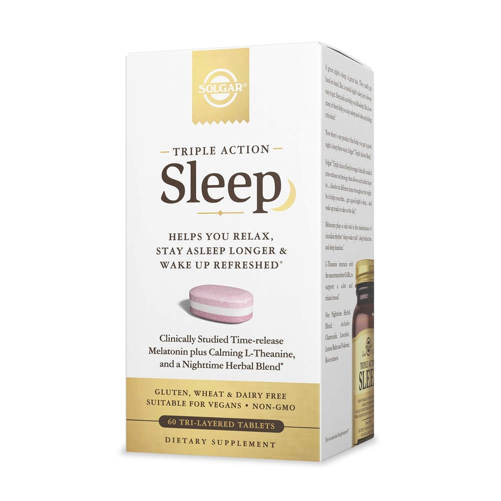 Solgar Triple Action Sleep, 60 Triayer Tablets - Time- Release Melatonin & L- Theanine Plus Herbal Blend - Pomaga Ci Relax, Fall Asleep Fast & Stay ASleep Longer - Non-GMO, Gluten Free - 60 Sługi