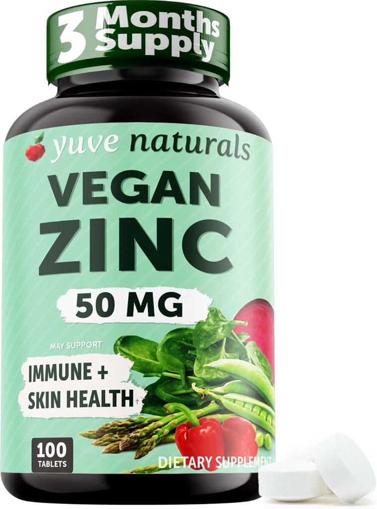 Yuve Naturals Wegan Cynk 50 mg - Glukonian cynku do wsparcia immunologicznego i skóry - Bez glutenu, Nie GMO, Roślina oparta - 100 Łatwe do połykania tabletki