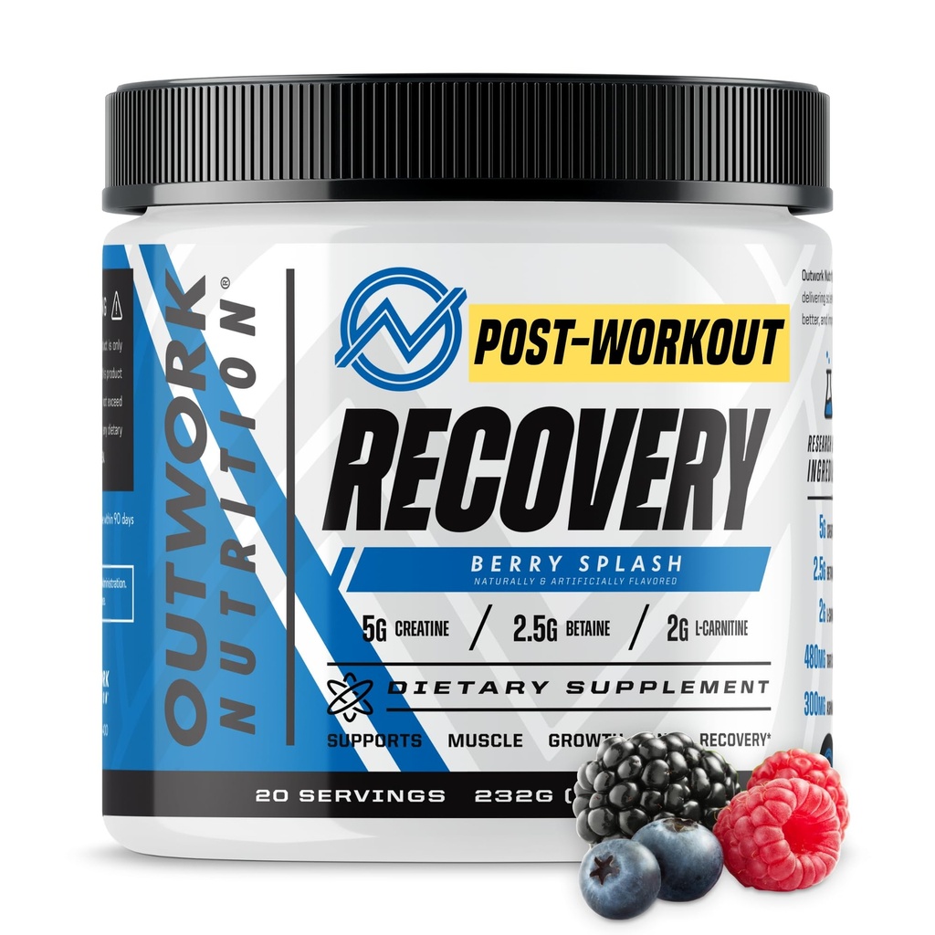 Outwork Nutrition Post Workout Recout Proszek - Monowodny kreatora, KSM- 66 Ashwagandha & Tart Cherry - Recovery Speeds, Eases Soveness - Proszek kredowy dla mężczyzn i kobiet, Berry Splash, 240 GR