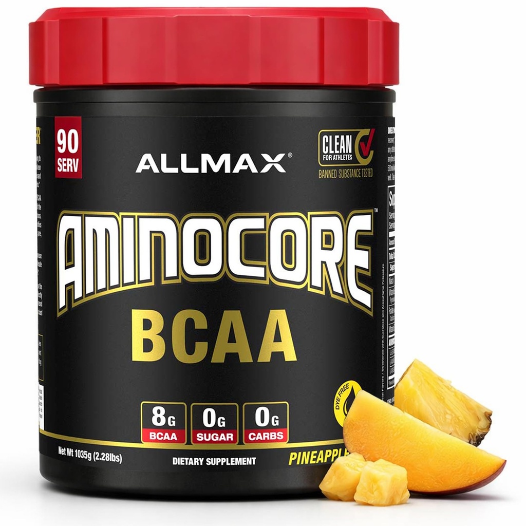 ALLMAX Nutrition AMINOCORE BCAA, Ananas Mango - 945 g Proszek - 8.18 Grams Acids Amin Branched Chain per serving - with B Vitamin - No Fillers or Non-BCAA Aminos - Sugar Free - 90 Servings
