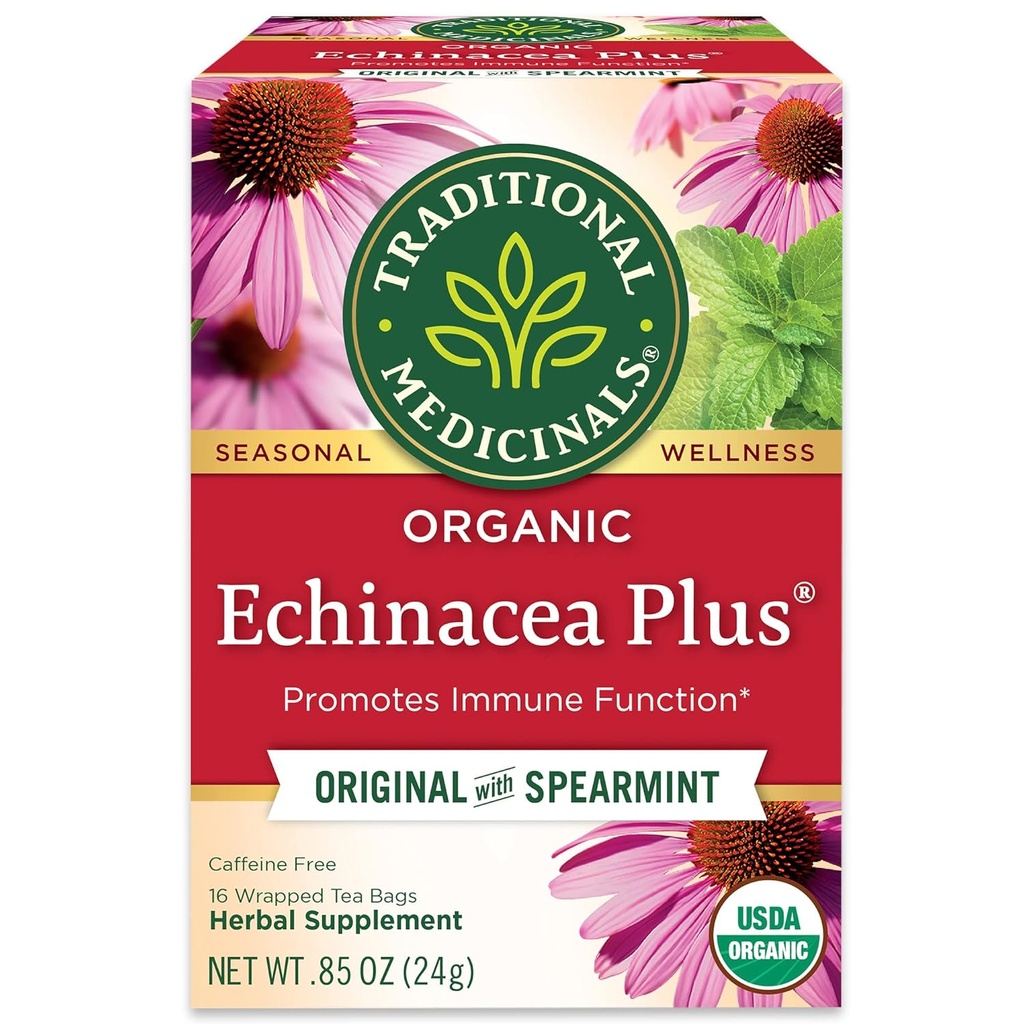 Tradycyjne Medicinals Organic Echinacea Plus z Herbal Herbal Spearmint, Promotes Immune Function, (Opakowanie 1) - 16 Tea Bags