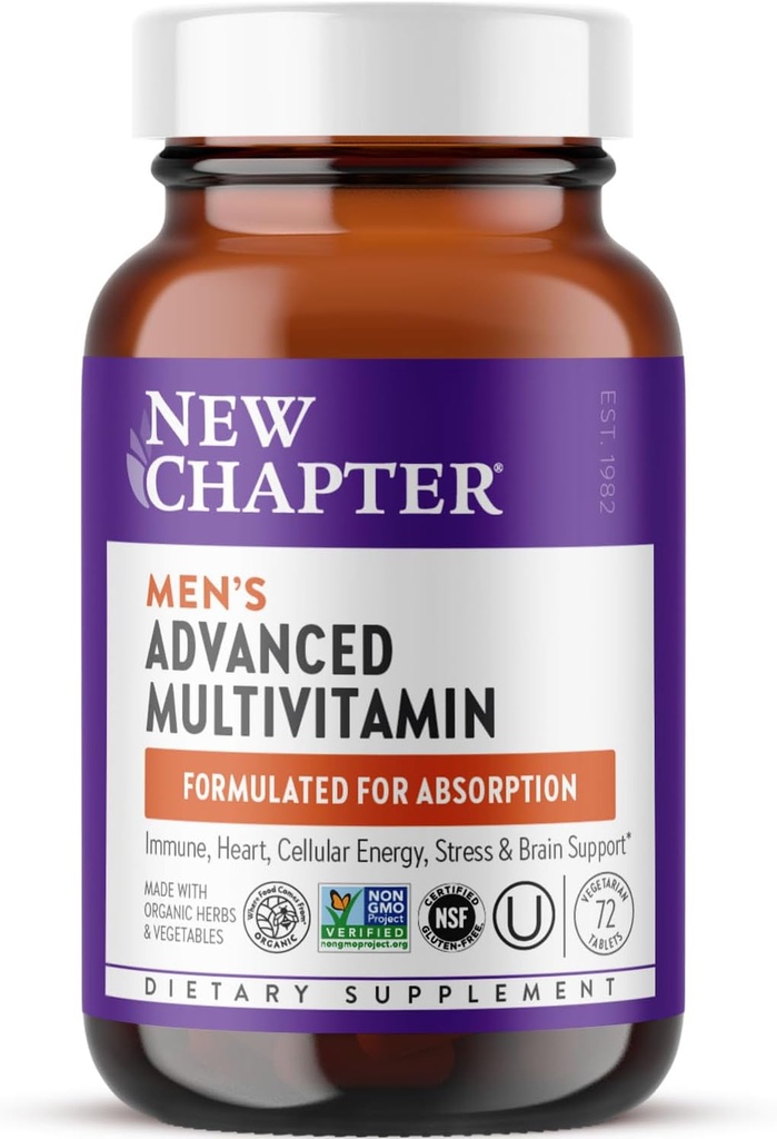 New Chapter Men 's Multivitamin Advanced Formula for Stress, Mózg, Immune, Heart & Energy Support, Wyższe poziomy pełnoporcjowych fermentowanych składników odżywczych dla mężczyzn + Selenium + B Witaminy, 72