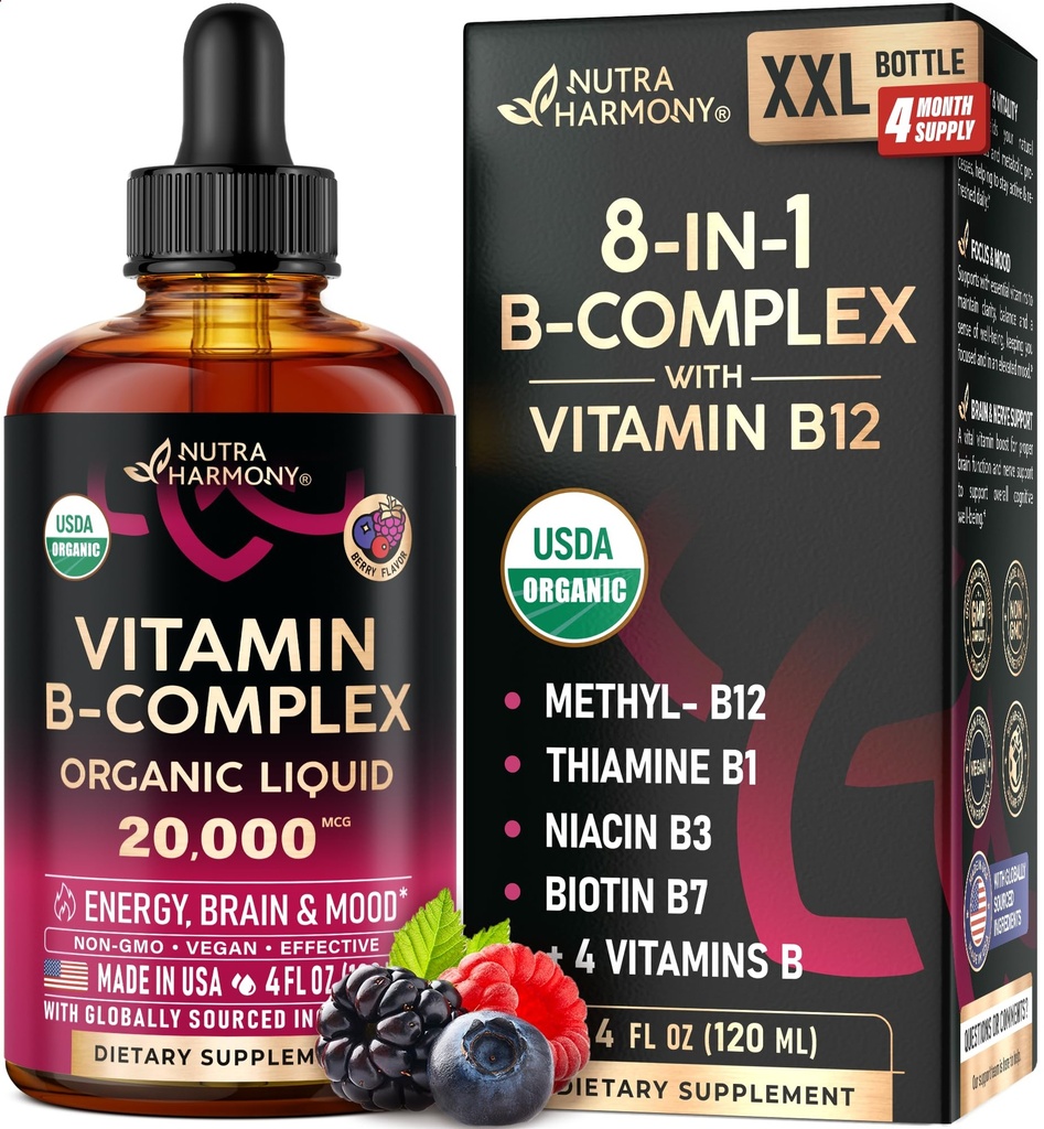 USDA organiczna witamina B- Complex B5 Kwas pantotenowy 124; B12 Metylokobalamina 124; B1 Tiamina 124; B6 Pirydoksyna 124; B7 Biotin 124; B9 Kwas foliowy 124; B3 Niacynamid - B Complex Liquid Drops, Made in USA Supplement, 4fl oz