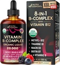 USDA organiczna witamina B- Complex B5 Kwas pantotenowy 124; B12 Metylokobalamina 124; B1 Tiamina 124; B6 Pirydoksyna 124; B7 Biotin 124; B9 Kwas foliowy 124; B3 Niacynamid - B Complex Liquid Drops, Made in USA Supplement, 4fl oz