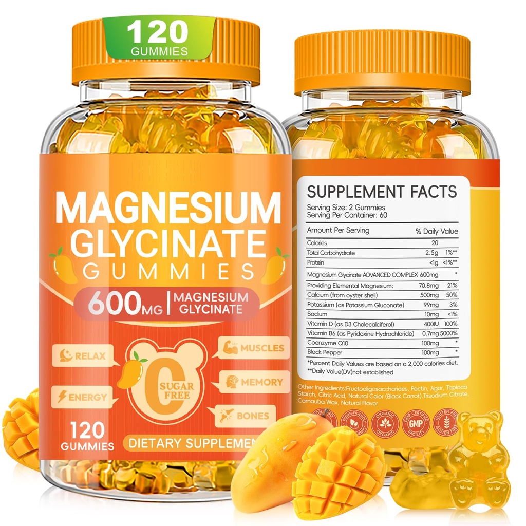 Magnezu Gummie Glicynian 600mg, Bezcukrowy Potas Gummie Magnezu Gummies z Magnezu Glucynian, Witamina D, B6 i CoQ10 dla snu, Relaks, Mózg i mięśnie, 120 Liczba