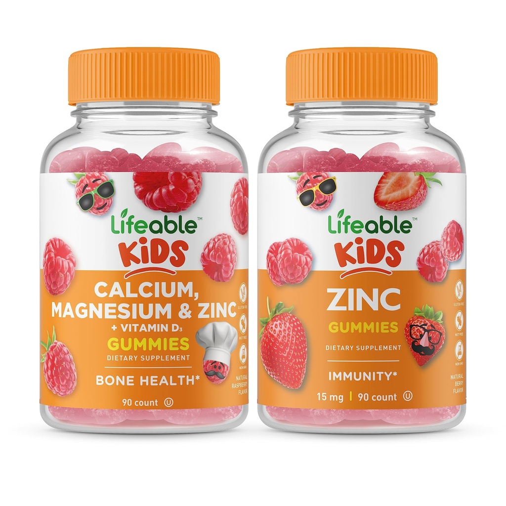 Lifeable Calcium Magnesium & Zinc Kids + Zinc Kids, Gummies Bundle - Great Tasting, Vitamin Supplement, Gluten Free, GMO Free, Chewable Gummy