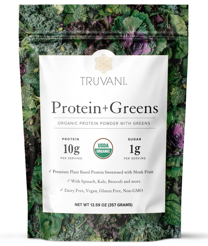 Truvani Protein + Greens Supplement Equipment 124; Spinach, Kale & Broccoli Equipment 124; 10g Organic Plant Based Protein Equipment 124; 20 Serings Equipment 124; USDA Organic Equipment 124; Gluten & Dairy Free Equipment 124; Vegan Equipment 124; No Added Sugar