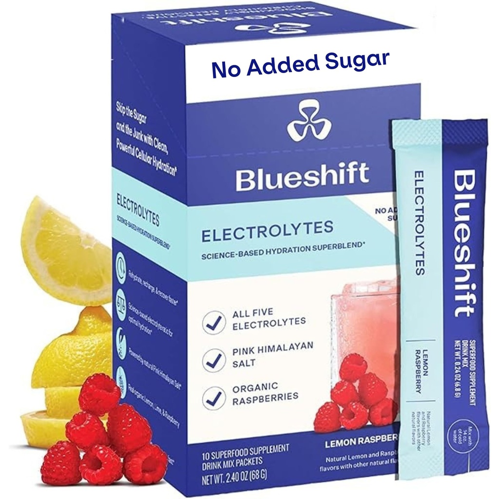 Blueshift Electrolytes - Naturalne opakowania proszkowe elektrolitów, Organiczne opakowania nawadniające, Electrolyte Drink Mix Sticks bez cukru, Pojedyncze opakowanie serwowe - Lemon Malina Flavor, Puder Sticks (10 Pack)