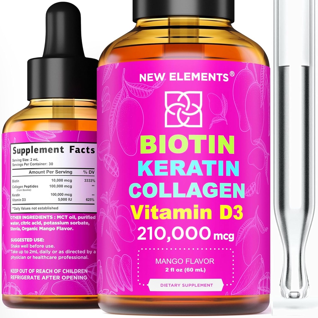 Płynna biotyna keratyny Kolagen Peptydy i Witamina D3 do wzrostu włosów MCT Oil Drops 210,000mcg - Potężna formuła dla skóry i paznokci włosów, Najbardziej zaawansowane uzupełnienie wzrostu włosów dla kobiet i mężczyzn