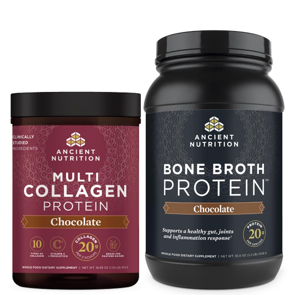 Ancient Nutrition Multi Collagen Protein Powder, Czekolada, 40 Służenia + Białko Bone Broth Powder, Czekolada, 40 Służenie