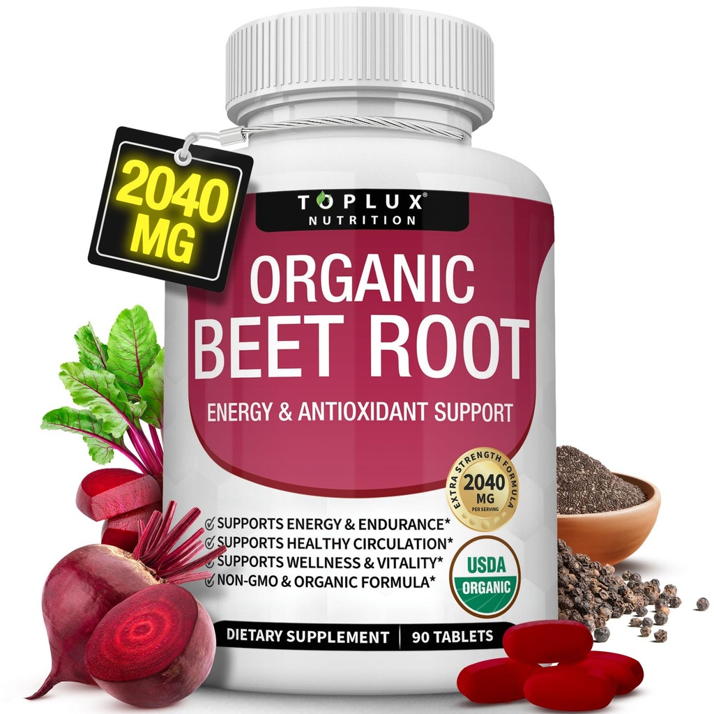 Organiczne tabletki w proszku buraczanym - 2040mg Naturalny tlenek azotu Odnosi się do wsparcia, Energia, Czarny pieprz Lepsze wchłanianie, Nie-GMO, dla mężczyzn Kobiety, 90 Tabletki