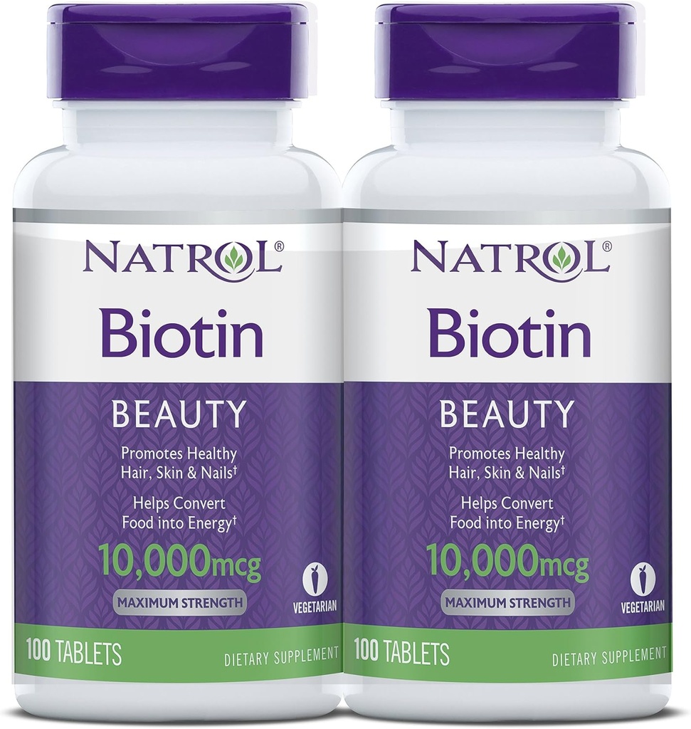 Natrol Biotin Beauty Tablets, Promotes Healthy Hair, Skóra i paznokcie, Pomaga wspierać energetykę Metabolizm, Pomaga przekonwertować żywność do energii, Maksymalna moc, 10,000mcg, 100 Count (Pack of 2)