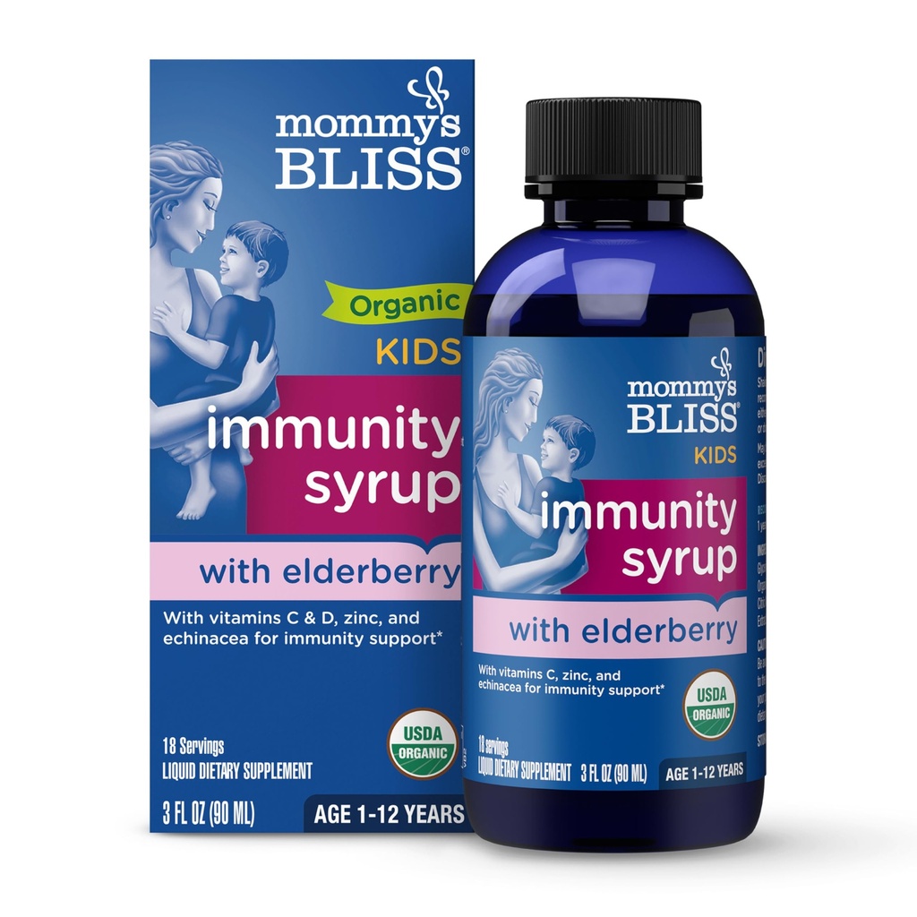 Mamuśka Błogość Organic Elderberry Syrop & Immunitet Boost Witaminy, Prebiotyki i Echinacea dla dzieci i dorosłych 1 rok +, 3 Fl Oz
