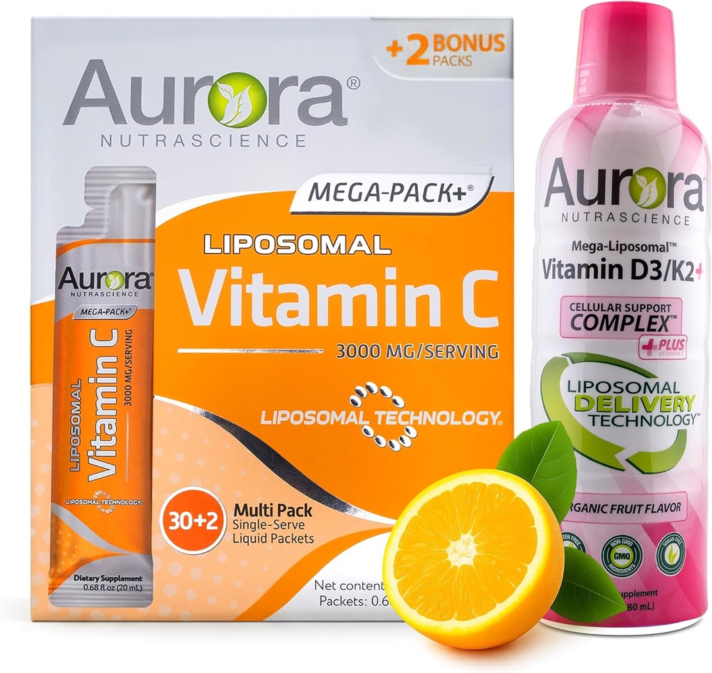Aurora Nutrascience Mega Liposomalna Witamina C 32 Pack + Witamina D3 / K2 Butelka - Suplement do wsparcia immunologicznego i zdrowia kognitywnego - 32 Słupki Każdy