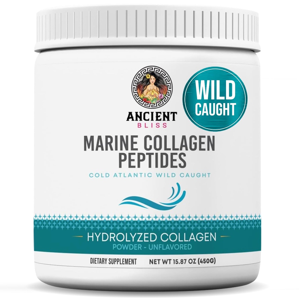 Ancient Bliss Wild- Caught Marine Fish Collagen Peptydes Powder, Flavorless Colagen Suplement do białka typu 1, Non-GMO, Gluten- Free, Amino Acid Suplement do skóry, włosów i paznokci, 15.87 Oz