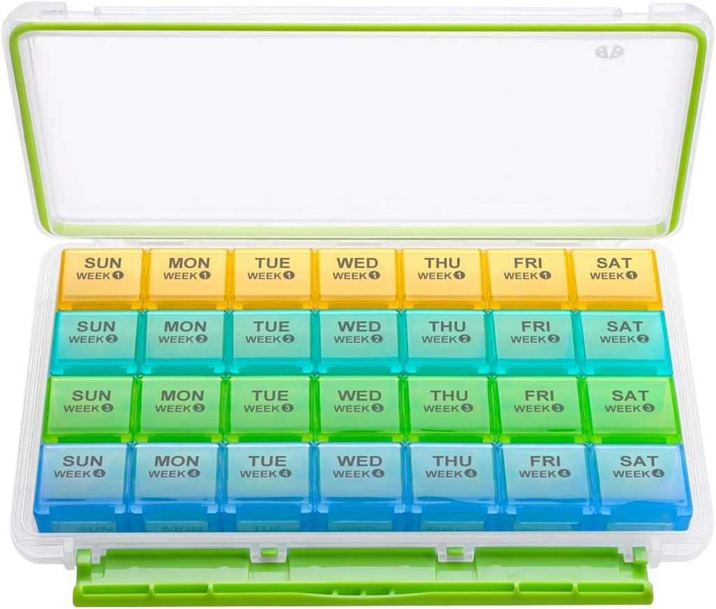 BUG HULL Monthly Pill Organizator, Moisture- Dowód Duży 28 Dni Pill Box z usuwalnym 4 tygodnie Pill Case Rows, Medicine Pill Organizer, Travel Pill Organizator z jednego miesiąca Pill Pojemnik na witaminy