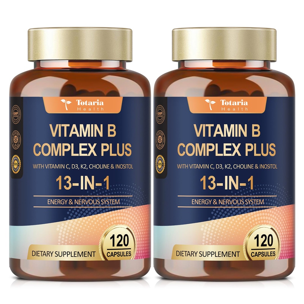 13- in-1 Witamina B Kompleks Plus z Witaminą B1, B2, B3 (Niacyna), B4, B5, B6, B7 (Biotin), B8 (Inozytol), B9 (Folate), B12, C, D3, K2 dla Energii, Nerwy, Immune, Skóra - 120 Czapki na butelkę - 2 Butelki
