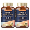 13- in-1 Witamina B Kompleks Plus z Witaminą B1, B2, B3 (Niacyna), B4, B5, B6, B7 (Biotin), B8 (Inozytol), B9 (Folate), B12, C, D3, K2 dla Energii, Nerwy, Immune, Skóra - 120 Czapki na butelkę - 2 Butelki