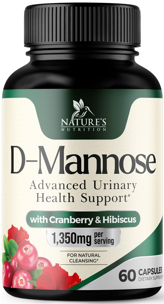 D- Mannose Supplement 1,350 mg z żurawinem & Hibiscus - skuteczne aktorstwo, Flush Zanieczyszczenia dla naturalnego pęcherza moczowego, Urynary Tract Health Support, dla kobiet i mężczyzn, Non-GMO, Wegan, 60 Kapsułki