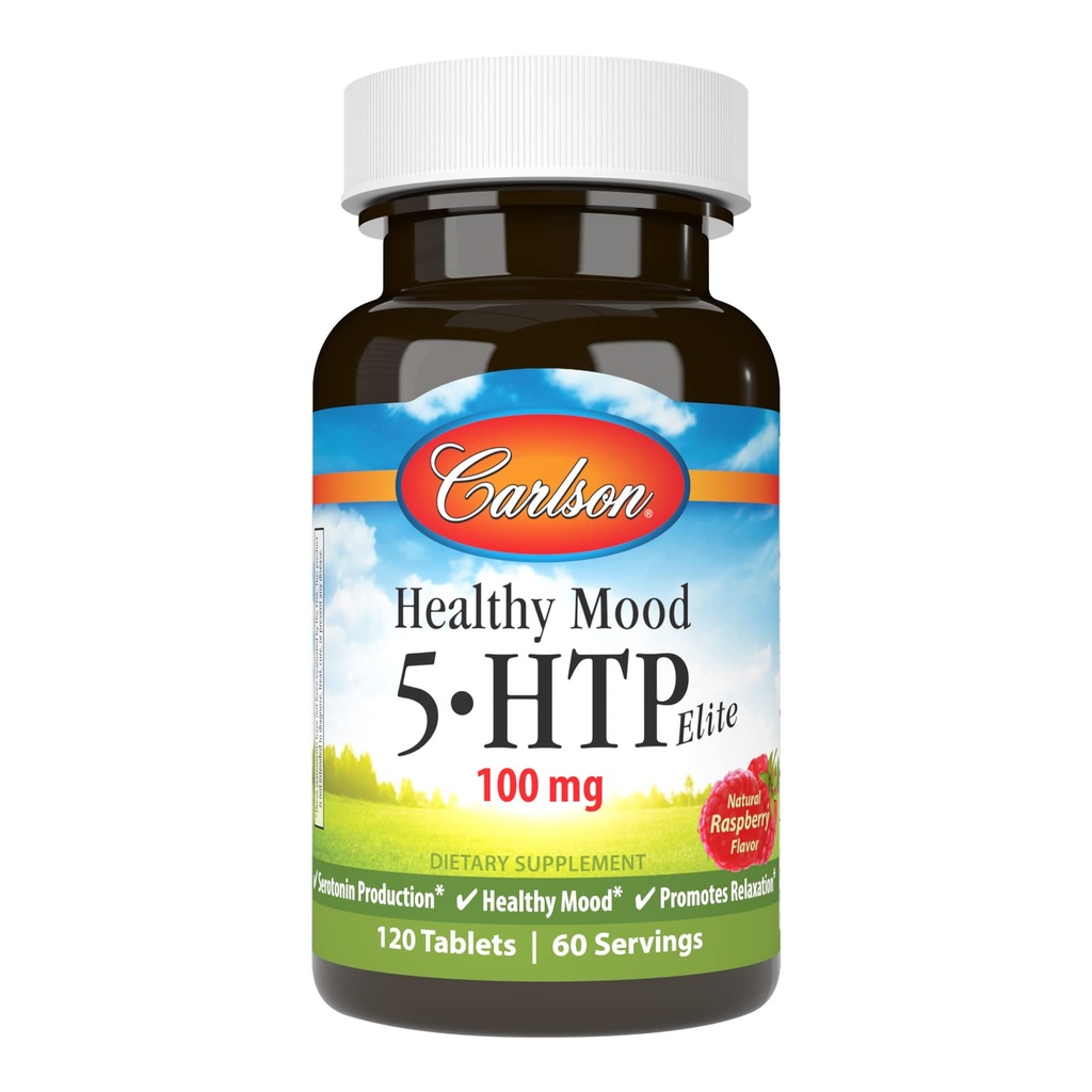 Carlson - Healthy Mood 5- HTP Elite, 100 mg, Serotonina Production, Healthy Mood & Promotes Relaxation, Naturalny aromat malinowy, 120 tabletek