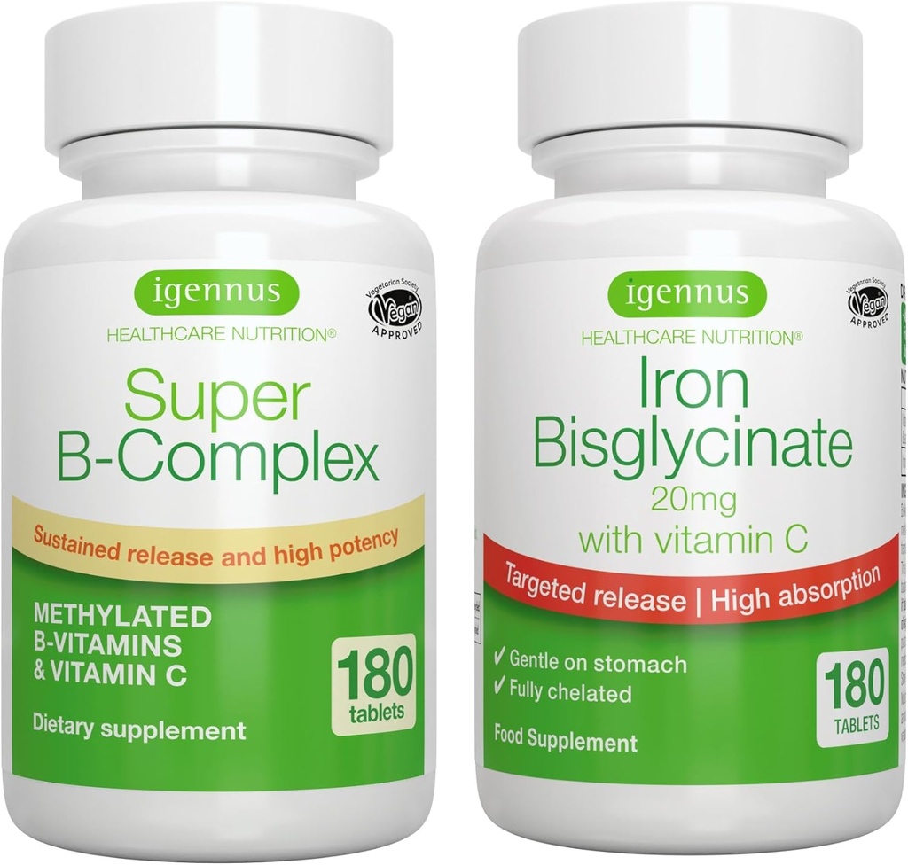 Super B- Complex & High Absorption Żelazo Bisglicinate 20mg z witaminą C, Wegan Bundle, Metylowany Trwały Release B Complex & Gentle One- a- Day Żelazo z ukierunkowanym uwalnianiem, przez Igennus